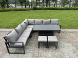 Fimous 8 Piece L-shaped Garden Furniture Set 9-Seater Aluminium Outdoor Dining Set with Adjustable Rising Lifting Dining Table 2 Small Footstools Dark Grey