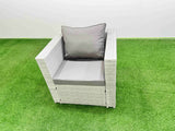 Fimous Patio Garden Furniture Sets with Black Glass Top Dining Table Armchair 3 Seater Sofa 2 Side Tables 2 Big Stool Light Grey