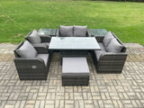 Fimous Wicker PE Rattan Furniture Garden Dining Set Outdoor Height Adjustable Rising lifting Table Love Sofa Chair With 2 Side Tables Stools