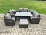 Fimous Wicker PE Rattan Furniture Garden Dining Set Outdoor Height Adjustable Rising lifting Table Love Sofa Chair With 2 Side Tables Stools