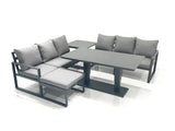 Fimous 7 Seater Aluminium Outdoor Garden Furniture Set with Adjustable Rising Lifting Dining Table 3 Seater Sofa Big Footstool Side Table Dark Grey