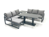Fimous 7 Seater Aluminium Outdoor Garden Furniture Set with Adjustable Rising Lifting Dining Table 3 Seater Sofa Big Footstool Side Table Dark Grey