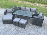 Fimous 8 Seater Outdoor Garden Furniture Set Patio Rattan Rectangular Dining Table Lounge Sofa Chair with Side Table Big Footstool 2 Small Stools Dark Grey Mixed