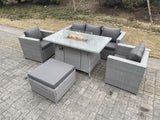 Fimous Light Grey Rattan Fire Pit Garden Furniture Set Gas Heater Burner Chairs With Big Footstool