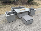 Fimous Light Grey Rattan Fire Pit Garden Furniture Set Gas Heater Burner Chairs With Big Footstool