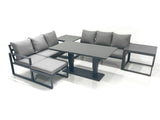 Fimous 7 Seater Aluminium Outdoor Garden Furniture Set with Adjustable Rising Lifting Dining Table 3 Seater Sofa Big Footstool 2 Side Tables Dark Grey