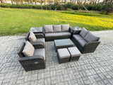 Fimous Patio Garden Furniture Sets Wicker 9 Seater Outdoor Rattan Furniture Sofa Sets with Rectangular Coffee Table Reclining Chair Loveseat Sofa 2 Side Tables 2 Small Footstools