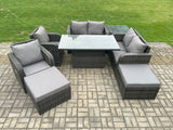 Fimous 8 Seater Rattan Furniture Garden Dining Set Outdoor Height Adjustable Rising lifting Table Love Sofa Chair With Side Table 2 Footstools