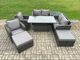 Fimous 8 Seater Rattan Furniture Garden Dining Set Outdoor Height Adjustable Rising lifting Table Love Sofa Chair With Side Table 2 Footstools