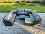 Fimous Rattan Outdoor Furniture Set Patio Garden Sofa Set with Square Coffee Table Big Footstool 2 Side Tables Dark Grey Mixed