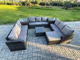 Fimous Rattan Outdoor Furniture Set Patio Garden Sofa Set with Square Coffee Table Big Footstool 2 Side Tables Dark Grey Mixed