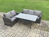 Fimous Outdoor Garden Patio Furniture Wicker Rattan Oblong Rectangular Dining Table and Lounge Sofa set Dark Grey Mixed