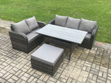 Fimous Outdoor Garden Patio Furniture Wicker Rattan Oblong Rectangular Dining Table and Lounge Sofa set with Big Footstool Dark Grey Mixed