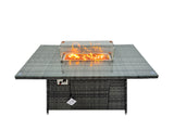 Fimous Outdoor Love Sofa Set 6 Seat Rattan Garden Furniture Set with Gas Firpit Dining Table 2 Side Table Dark Grey Mixed