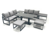 Fimous 8 Seater Aluminium Outdoor Garden Furniture Set with Adjustable Rising Lifting Dining Table 3 Seater Sofa 2 Big Footstool 2 Side Tables Dark Grey