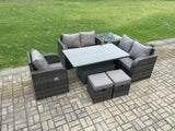Fimous 7 Seater Rattan Furniture Garden Dining Set Outdoor Height Adjustable Rising lifting Table Love Sofa Chair With Side Table 2 Footstools