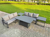 Fimous 5 Pieces Garden Furniture Set Aluminium Adjustable Rising Lifting Dining Table and Sofa Set with 2 Side Tables Dark Grey