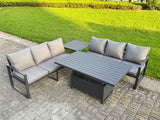 Fimous 4 Pieces Garden Furniture Set Aluminium Adjustable Rising Lifting Dining Table and Sofa Set with Side Table Dark Grey