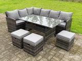 Fimous High Back Dark Mixed Grey Rattan Corner Sofa Set Outdoor Furniture Rectangular Dining Table 3 Small Footstools 9 Seater