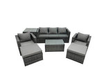 Fimous Rattan Garden Furniture Dining Set 7 seater Patio Coffee Table Sofa Set with Side Table 2 Armchair 2 Big Footstools Dark Grey Mixed