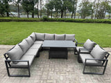 Fimous 8 Piece L-shaped Garden Furniture Set 9-Seater Aluminium Outdoor Dining Set with Adjustable Rising Lifting Dining Table 2 Chairs Dark Grey