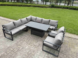 Fimous 8 Piece L-shaped Garden Furniture Set 9-Seater Aluminium Outdoor Dining Set with Adjustable Rising Lifting Dining Table 2 Chairs Dark Grey