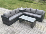 Fimous 6 Seater Rattan Corner Sofa Set With Square Side Table And Oblong Rectangular Coffee Tea Table Dark Grey Mixed