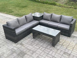 Fimous 6 Seater Rattan Corner Sofa Set With Square Side Table And Oblong Rectangular Coffee Tea Table Dark Grey Mixed