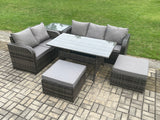 Fimous Patio Rattan Garden Furniture Set with Oblong Rectangular Dining Table 2 Big Footstool Side Table 7 Seater Outdoor Lounge Sofa Set Dark Grey Mixed