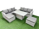 Fimous Outdoor Garden Furniture Sets 8 Seater Wicker Rattan Furniture Sofa Sets with Adjustable Lifting Dining or Coffee Table high Back Lounge Sofa 2 Big Footstool Light Grey