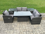 Fimous 5 Seater Rattan Furniture Garden Dining Set Outdoor Height Adjustable Rising lifting Table Love Sofa Chair With 2 Side Tables