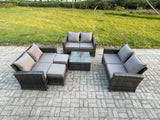 Fimous Outdoor Lounge Sofa Set Wicker PE Rattan Garden Furniture Set with Square Coffee Table Double Seat Sofa 2 Small Footstools Dark Grey Mixed