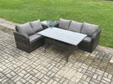 Fimous Outdoor Garden Patio Furniture Wicker Rattan Oblong Rectangular Dining Table and Lounge Sofa set with Side Table Dark Grey Mixed