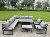 Fimous 10 Piece L-shaped Garden Furniture Set 11-Seater Aluminium Outdoor Dining Set with Adjustable Rising Lifting Dining Table 2 Chairs 2 Small Footstools Dark Grey