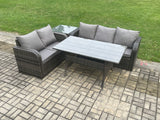Fimous Outdoor Garden Patio Furniture Wicker Rattan Oblong Rectangular Dining Table and Lounge Sofa set with Side Table Dark Grey Mixed