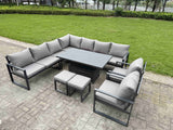 Fimous 10 Piece L-shaped Garden Furniture Set 11-Seater Aluminium Outdoor Dining Set with Adjustable Rising Lifting Dining Table 2 Chairs 2 Small Footstools Dark Grey
