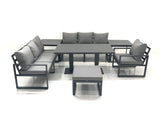Fimous Outdoor Garden Furniture Set Aluminium Lounge Sofa Adjustable Rising Lifting Dining Table Sets with Big Footstool 2 Side Tables Dark Grey