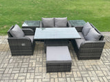 Fimous 6 Seater Rattan Furniture Garden Dining Set Outdoor Height Adjustable Rising lifting Table Love Sofa Chair With 2 Side Tables Big Footstool