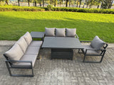 Fimous Aluminium Garden Furniture Sets,7 Seater Outdoor Sofa Dining Set with Adjustable Rising Lifting Dining Table Side Table Cushions for Yard,Poolside, Patio, Dark Grey