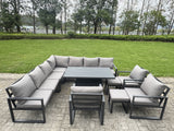Fimous 11 Piece L-shaped Garden Furniture Set 12-Seater Aluminium Outdoor Dining Set with Adjustable Rising Lifting Dining Table 3 Chairs 2 Small Footstools Dark Grey