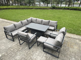 Fimous 11 Piece L-shaped Garden Furniture Set 12-Seater Aluminium Outdoor Dining Set with Adjustable Rising Lifting Dining Table 3 Chairs 2 Small Footstools Dark Grey