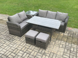 Fimous Outdoor Garden Patio Furniture Wicker Rattan Oblong Rectangular Dining Table and Lounge Sofa set with Side Table 2 Small Footstools Dark Grey Mixed
