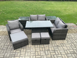 Fimous 8 Seater Rattan Furniture Garden Dining Set Outdoor Height Adjustable Rising lifting Table Love Sofa Chair With 2 Side Tables 3 Footstools