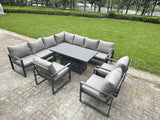 Fimous 9 Piece L-shaped Garden Furniture Set 10-Seater Aluminium Outdoor Dining Set with Adjustable Rising Lifting Dining Table 3 Chairs Dark Grey