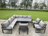 Fimous 9 Piece L-shaped Garden Furniture Set 10-Seater Aluminium Outdoor Dining Set with Adjustable Rising Lifting Dining Table 3 Chairs Dark Grey