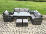 Fimous 8 Seater Garden Rattan Furniture Dining Table Sofa Set Indoor Outdoor with Reclining Chairs Side Table 2 Small Footstools Dark Grey Mixed