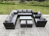 Fimous 10 Seater Rattan Corner Sofa Set With Square Side Table And Oblong Rectangular Coffee Tea Table 2 PC Arm Chair 2 Stools Dark Grey Mixed