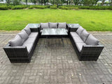 Fimous 9 Seater Rattan Outdoor Furniture Sofa Garden Dining Set with Patio Dining Table 2 Side Tables Dark Grey Mixed