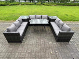 Fimous 9 Seater Rattan Outdoor Furniture Sofa Garden Dining Set with Patio Dining Table 2 Side Tables Dark Grey Mixed