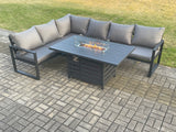 Fimous Aluminium Outdoor Garden Furniture Corner Sofa Gas Fire Pit Dining Table Sets Gas Heater Burner Dark Grey 6 Seater